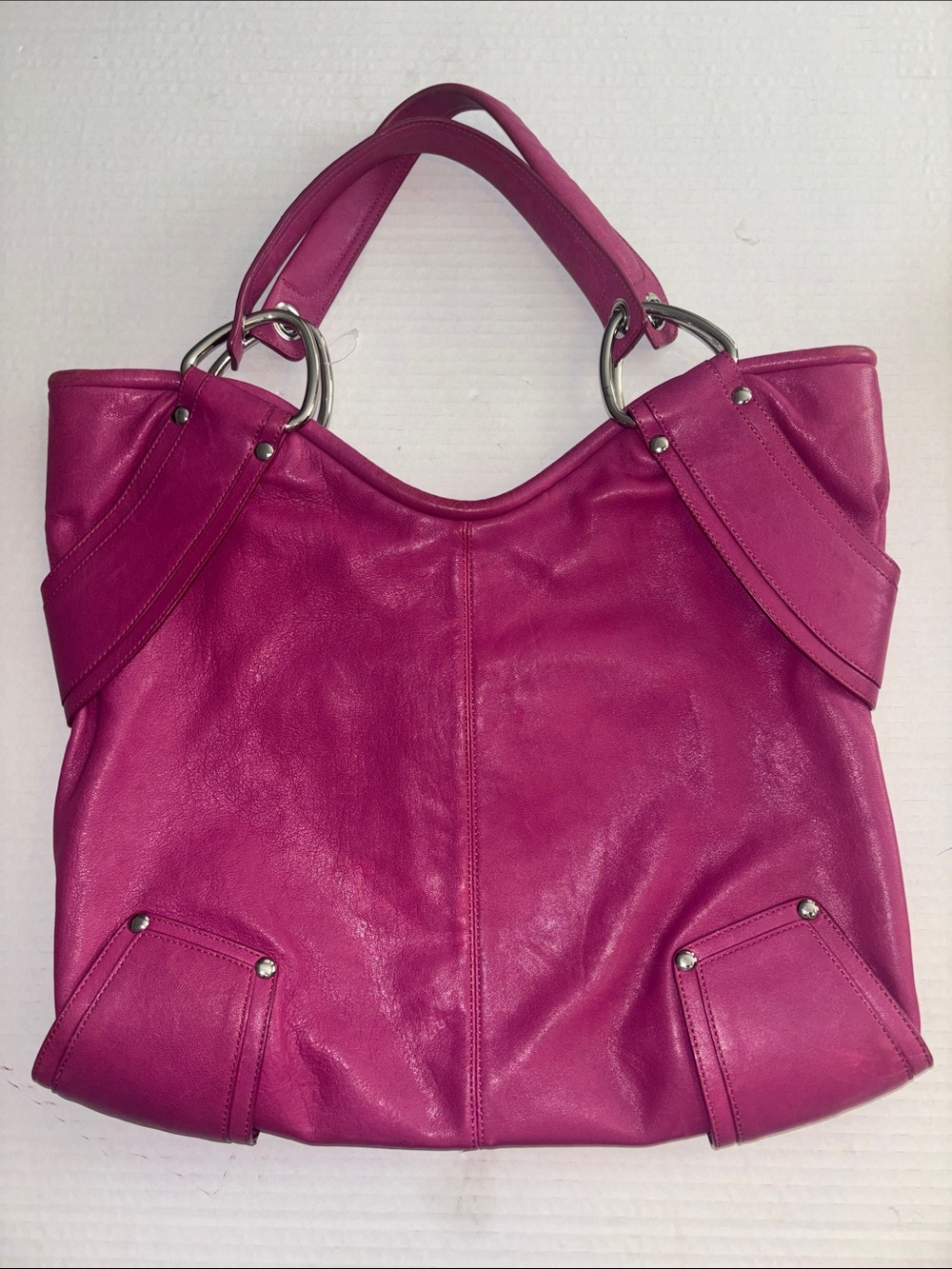 KOOBA BRAND…. MAGENTA PINK LEATHER SHOULDER BAG SILVER HARDWARE STUD DESIGN